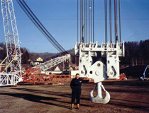 Crane & Safety staff checking the reeving of a hook block prior to making a heavy test lift, Zwiebruken, Germany
